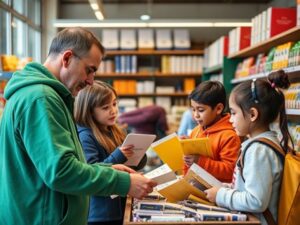 um homem com seus filhos na loja comprando materias escolares